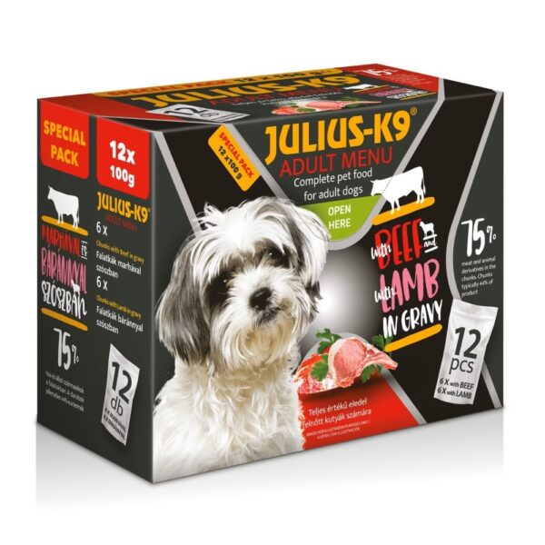 Julius - K9 Adult Menu Beef & Lamb - nedves eledel (marha,bárány) válogatás szószban kutyák részére (12x100g)