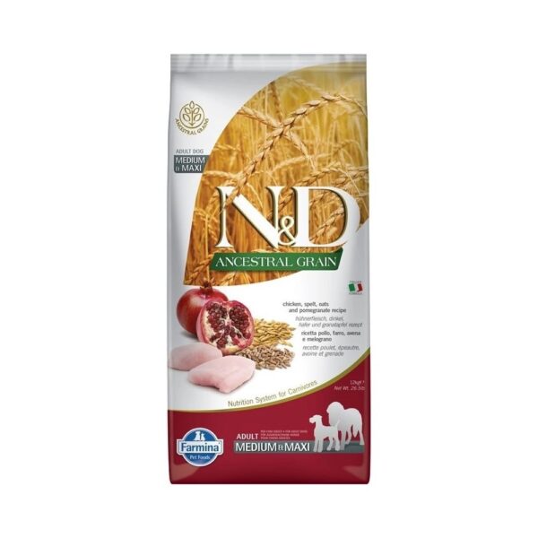 N&D Dog Ancestral Grain csirke, tönköly, zab & gránátalma adult medium & maxi 12kg N&D Dog Ancestral Grain csirke, tönköly, zab & gránátalma adult medium & maxi 12kg